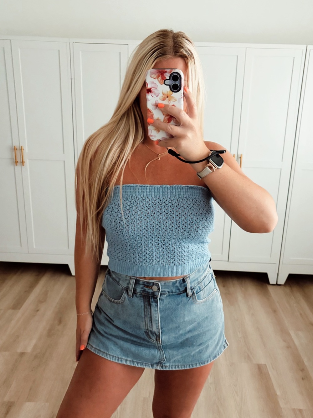 Blue Strapless Crochet Knit Cropped Top